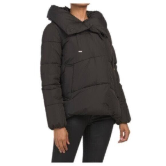 NWT BCBGMaxAzria Black Hooded Puffer Jacket Warm Comfy Cozy Winter Coat Large - Picture 1 of 11